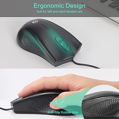 VCOM Wired USB Mouse with 6-Foot Cord, 1200 DPI, Right or Left Hand Use, Ergonomic Design, Black