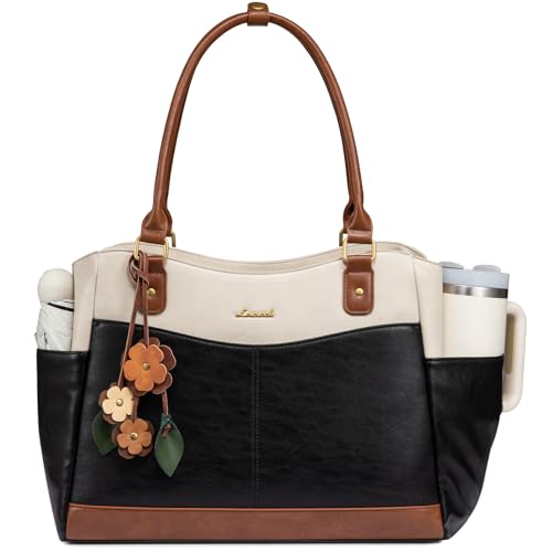 LOVEVOOK Laptop Bag for Women, Vintage Work Tote, Teacher Bag with Pendant | Fits 15.6 Inch Laptop, Magnetic Front Pockets, fits for Large Bottle Pockets, Flower Pendant, Fashion Work Purse - color: Black-beige-brown, size: 15.6 inch