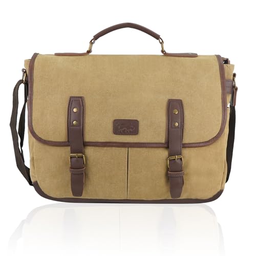 Vintage Canvas Messenger Bag for Men – Laptop Briefcase for Work & Travel – Multi-Pocket Crossbody Bag - color: Khaki
