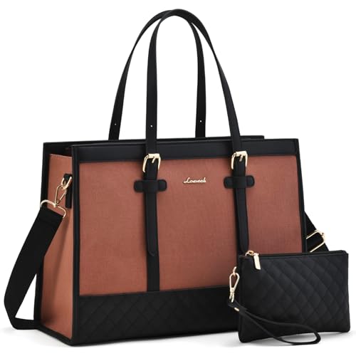 LOVEVOOK Laptop Bag for Women, 15.6 Inch Computer Tote Bags Purse for Work | Canvas, with Long Shoulder Strap&Clutch Purse, Handbag, Casual Stylish Tote Bag for Work Office Travel College Teacher School - color: Pink & Black, size: 15.6 inch