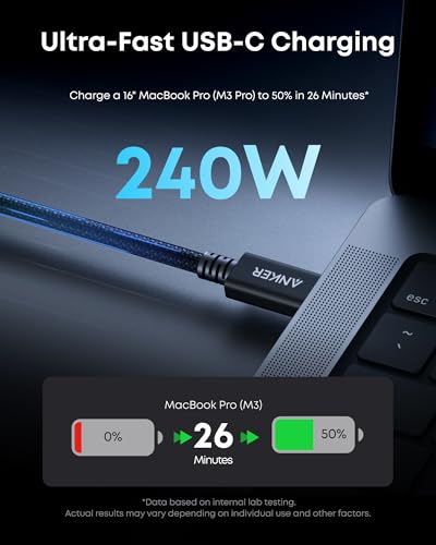 Anker Prime Thunderbolt 5 Cable, 3.3ft USB-C to USB-C Cable, 240W Charging | 80Gbps Data Transfer, Up to 120Gbps Bandwidth, 8K/4K Displays, for iPhone 16, MacBook and More (Thunderbolt 5-Certified) - size: 3.3FT