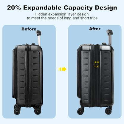 CENSIEN Expandable Carry On Luggage Airline Approved, 20 Inch Lightweight ABS+PC Hard Shell Suitcases with Front Pocket, Spinner Wheels, TSA Lock (Black, 1PC) | Front Opening with Laptop Pocket,Lightweight ABS+PC Hard Shell Suitcases,360° Spinner Wheels,T