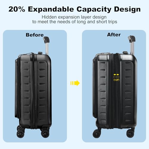 CENSIEN Expandable Carry On Luggage Airline Approved, 20 Inch Lightweight ABS+PC Hard Shell Suitcases with Front Pocket, Spinner Wheels, TSA Lock (Black, 1PC) | Front Opening with Laptop Pocket,Lightweight ABS+PC Hard Shell Suitcases,360° Spinner Wheels,T