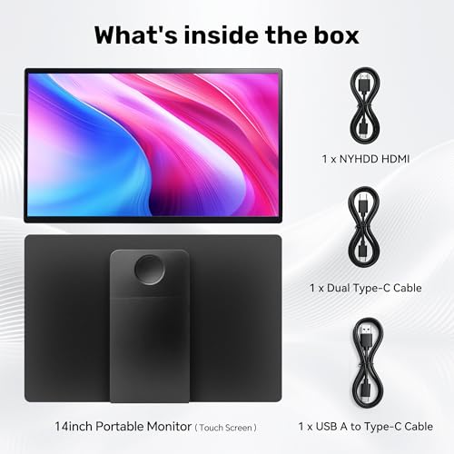14" Portable Monitor Touchscreen, Anti-Scratch 1080P FHD Touch Screen with Built-in Kickstand & Stereo Speaker, 100% sRGB USB-C HDMI External Travel Monitor for Laptop Mac Phone PC