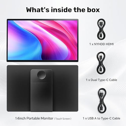 14" Portable Monitor Touchscreen, Anti-Scratch 1080P FHD Touch Screen with Built-in Kickstand & Stereo Speaker, 100% sRGB USB-C HDMI External Travel Monitor for Laptop Mac Phone PC