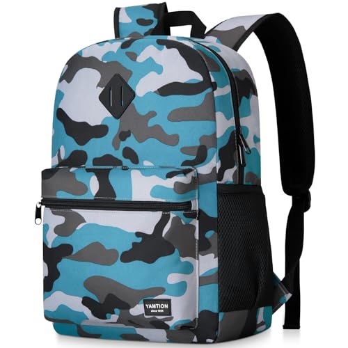 YAMTION School Backpack,Bookbag Men and Teen Boy Schoolbag with USB Charging Port for High School College - color: Camouflage Blue, size: 15.6 inch