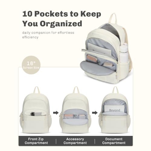 College Laptop Backpack 16 Inches Quilted Travel Backpack for Women Lightweight Puffer Casual Daypack 28L Ivory Beige - color: Ivory Beige