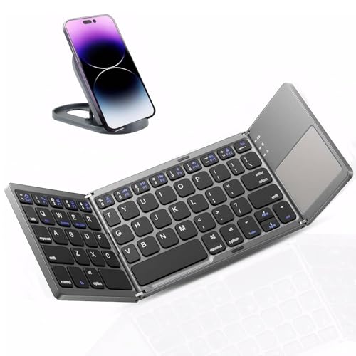 Foldable Bluetooth Keyboard with Touchpad - Portable Wireless Keyboard with Holder, Rechargeable Full Size Ultra Slim Pocket Folding Keyboards for Android Windows iOS Tablet & Laptop