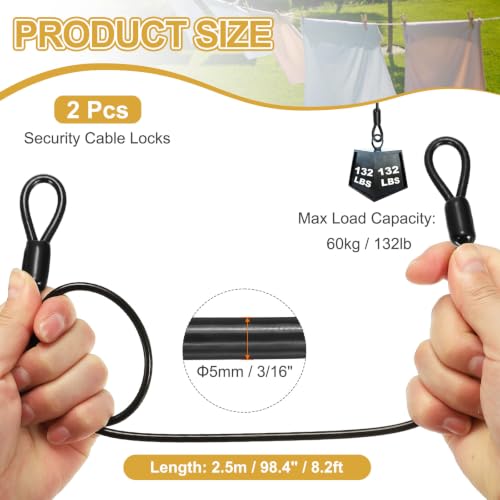 PATIKIL Security Cable Lock (3/16" Dia 8.2ft 132lb Load Capacity, Black)(2 Pcs) Vinyl Coated Stainless Steel Flexible Wire Rope Safety Cable Luggage Lock with Double Loops - color: Black, size: 3/16" x 8.2 ft, 132lb Load