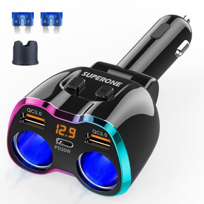 Cigarette Lighter Splitter, 180W 2-Socket Cigarette Lighter Adapter | SUPERONE 2026 Upgraded, Dual QC3.0 and 20W PD USB C Car Charger Splitter, for GPS/Dash Cam/Laptop/iPad/iPhone 17/16/15/14/13 - color: Pinkish Blue