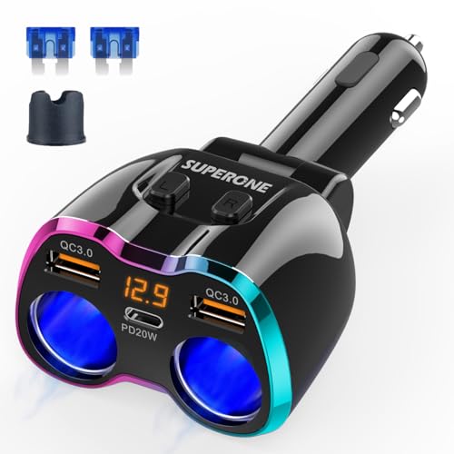 Cigarette Lighter Splitter, 180W 2-Socket Cigarette Lighter Adapter | SUPERONE 2026 Upgraded, Dual QC3.0 and 20W PD USB C Car Charger Splitter, for GPS/Dash Cam/Laptop/iPad/iPhone 17/16/15/14/13 - color: Pinkish Blue