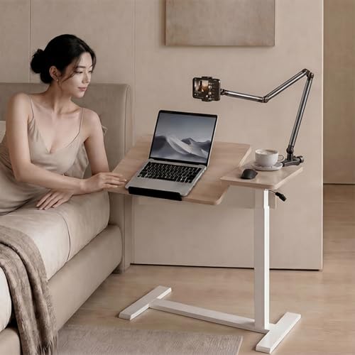 Adjustable Overbed Bedside Table with Wheels Pneumatic Mobile Standing Laptop Desk Rolling Computer Cart Movable Couch Desk Hospital Bed Table, Natural Wood - color: Natural Wood