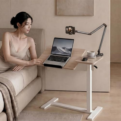 Adjustable Overbed Bedside Table with Wheels Pneumatic Mobile Standing Laptop Desk Rolling Computer Cart Movable Couch Desk Hospital Bed Table, Natural Wood - color: Natural Wood