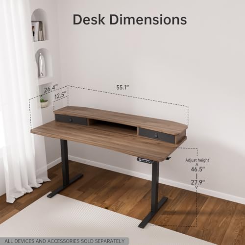 HUANUO 55" x 26" Electric Standing Desk with 2 Drawers, C-Clamp Mount Compatible, Height Adjustable Computer Desk, Home Office Stand Up Desk with 4 Preset Heights & 2 Hooks, Walnut - color: Walnut, size: 55" X 26"