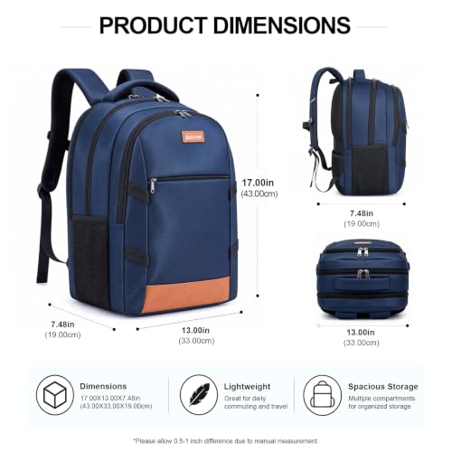 Amovee Travel Laptop Backpack 17.3 Inch, Water Resistant Anti-Theft Computer Bag with Hidden Pocket & Luggage Strap, Airline Approved Carry-On Bookbag for Men Women, Perfect for Flying & Vacation - color: Navy Blue
