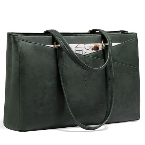 LOVEVOOK Laptop Bag for Women,15.6 Inch Laptop Tote Bag for Women,Vintage Leather Work Tote Bags Computer Business Teacher Bag,Waterproof Office Briefcase - color: Dark Green, size: 15.6 inch