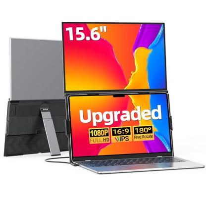 15.6" Dual Laptop Screen Extender - Ultra Thin Stacked Foldable Portable Monitor, FHD 1080P USB-C/HDMI Plug & Play, 180° Screen Adjustment for 13-17.3" Mac/Windows Laptops, Ideal for Work & Gaming