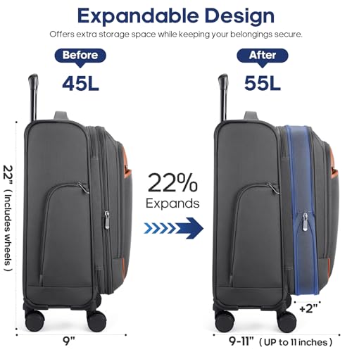 UKEIN Expandable Carry On Luggage 22x14x9 Airline Approved, 20Inch Softside Carry On Suitcase with Wheels & TSA Lock, Travel Suitcase with 4-Piece Packing Bags for Women Men (Grey, Carry on （20in）)