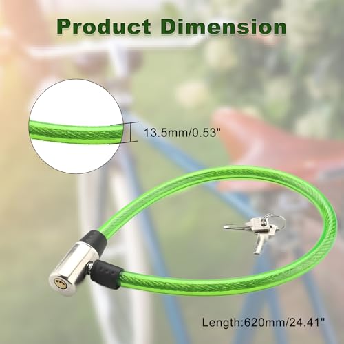 Green Anti Theft Bike Cable Lock with 2 Keys, 24.4" x 0.47"(L x Dia) | High Security Cable Lock Coiled Bike Lock for Outdoor Equipment, Bicycles, Scooters, Fence, Gate