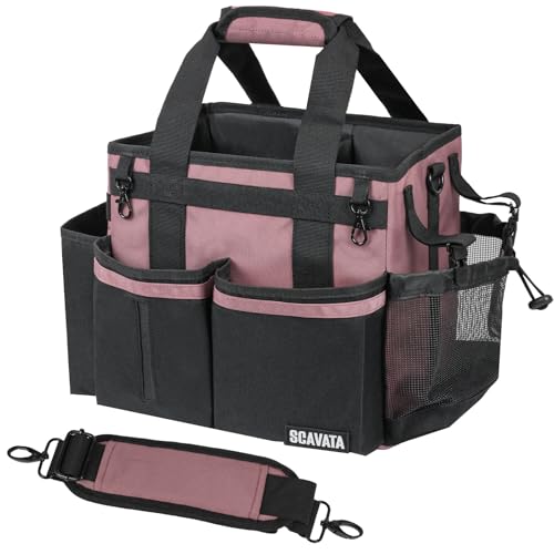 SCAVATA Compact Wearable Cleaning Caddy with Handle & Shoulder Straps | Small Cleaning Supplies Organizer, Under Sink & Car Cleaning Tools Storage Bag for Housekeepers Cleaners, LotusPink - color: LotusPink