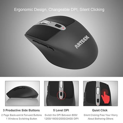 Arteck 2.4G USB Wireless Keyboard and Mouse Combo Ultra Slim Compact Keyboard and Ergonomic Mouse for Computer Desktop PC Laptop and Windows 11/10/8/7 Build in USB-C Rechargeable Battery