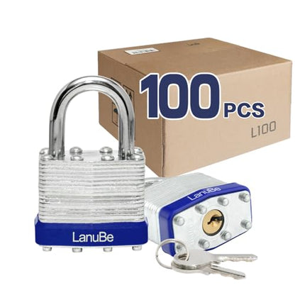 LanuBe Laminated Keyed Alike Padlock 100 Pack 1.6-in Wide Standard Shackle | Brass cylinder with keyed alike design.One key opens all locks. Blue，Standard shackle for gates, sheds,hasps ，toolboxes - size: 100 Pack Blue