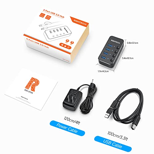 RSHTECH 4 Port Powered USB 3.0/USB C Hub Upgraded Version with 2-in-1 3.3ft USB Cable,5V Power Adapter and Individual Switches, Portable Aluminum USB Splitter for Laptop and PC, RSH-ST04 - size: 4-Port USB 3.0/USB C Hub