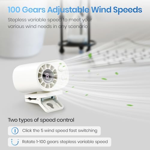 100-Speed Portable Clip on Fan, Mini Rechargeable Personal Waist Fan | Strong airflow, LED display and clamp-on design for baby strollers, car seats, office desks, golf carts and summer travel - color: White