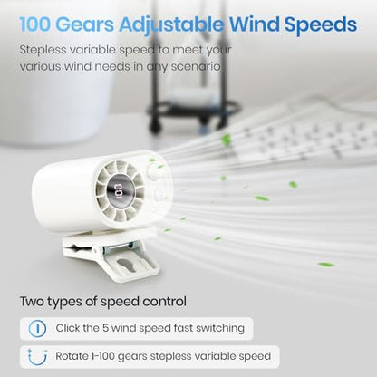 100-Speed Portable Clip on Fan, Mini Rechargeable Personal Waist Fan | Strong airflow, LED display and clamp-on design for baby strollers, car seats, office desks, golf carts and summer travel - color: White