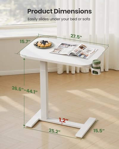 Marsail 28×16″ Overbed Table with Hidden Wheels, Pneumatic Adjustable Bedside Table, Mobile Rolling Table with 360° Hideable Cup Holder, White - color: White, size: 28x16"
