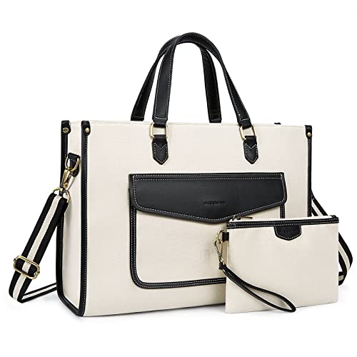 Missnine Tote Bag Canvas Laptop Bag for Women 15.6 inch Casual Work Bags with Clutch Purse Computer 2 PCS Set (Black+beige_2pcs) - color: Black+beige_2pcs