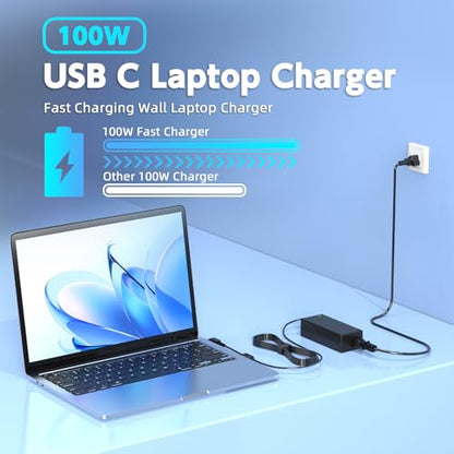 100W USB C Laptop Charger, 100W Fast Charging Compatible with Lenovo HP Dell Asus Acer MacBook Huawei Samsung Type C Power Adapter Supply Supports 90W 65W 45W
