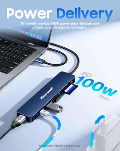 Hiearcool USB C Hub, 7-in-1 USB C Dongle for MacBook, HDMI, PD, Navy Blue - color: Navy Blue