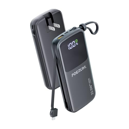 10000mAh Portable Charger,Two Built-in Cables and AC Wall Plug Led Display.USB-C Fast Charging Compatible with iPhone,Samsung,and Android Smartphones,Power Bank with Travel.