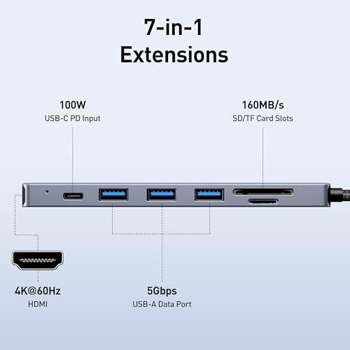 BENFEI USB C HUB 7-in-1 with HDMI(4K@60Hz,Certified), 100W Power Delivery, 3*USB 3.0, SD/TF Card Reader(160MB/s) Compatible with iPhone 15 Pro/Max, MacBook, iPad Pro, iMac, S23, XPS17 - color: Gray, size: 7-in-1