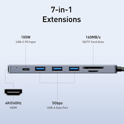 BENFEI USB C HUB 7-in-1 with HDMI(4K@60Hz,Certified), 100W Power Delivery, 3*USB 3.0, SD/TF Card Reader(160MB/s) Compatible with iPhone 15 Pro/Max, MacBook, iPad Pro, iMac, S23, XPS17 - color: Gray, size: 7-in-1