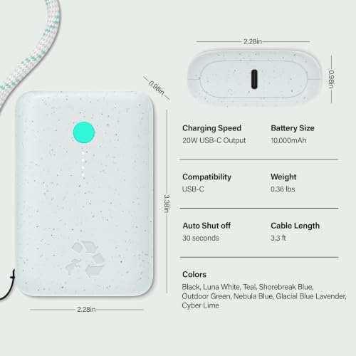 Nimble Champ Portable Charger, 10000mAh Power Bank, 20W Dual USB-C Charging | Compatible with iPhone, Samsung, Tablet, iPad, MacBook, Travel Essential Power Bank with 2ft USB C Cable Included - color: Luna White