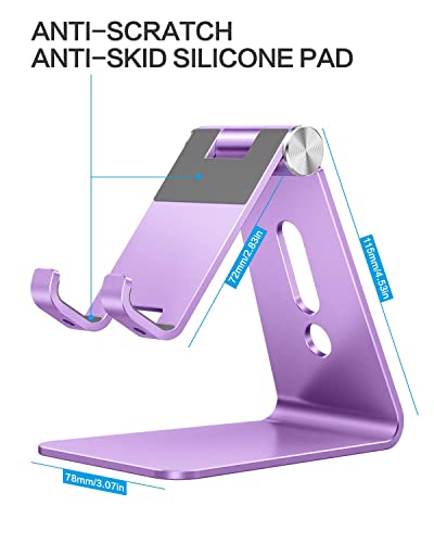OMOTON C2 Adjustable Aluminum Cell Phone Stand with Charging Cutout, Purple | Sturdy 3mm Aluminum, Charging Port, 270° Adjustable, Non-Slip Silicone Pads, Works with Thick Cases, for All Smartphones - color: Purple