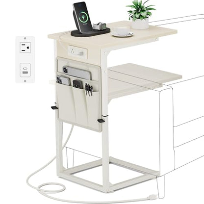 Vagusicc C Shaped End Table with Charging Station, Adjustable Height Side Table for Couch, Small Sofa Table C Table End Table, Slide Under Couch Table TV Tray Arm Table for Living Room, Bedroom, Cream - color: Cream White, style: With Plug