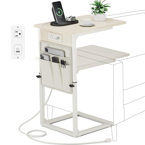 Vagusicc C Shaped End Table with Charging Station, Adjustable Height Side Table for Couch, Small Sofa Table C Table End Table, Slide Under Couch Table TV Tray Arm Table for Living Room, Bedroom, Cream - color: Cream White, style: With Plug