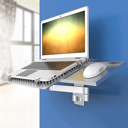 Laptop Wall Mount, Adjustable Laptop Arm with Mouse Tray, Vented Cooling Platform, Full Motion Articulating Notebook Tray, Weight Capacity 8KG, for Office, Workstation