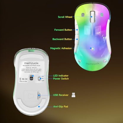 memzuoix 2.4G LED Wireless Mouse, Rechargeable Ergonomic Mouse with Detachable Cover, 1400 DPI Portable Optical Computer Mouse with USB Receiver for Laptop, PC, Desktop and MacBook, 5 Buttons - color: white and white