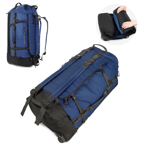 Vomgomfom 86L Collapsible Wheeled Duffle Bag Waterproof, Navy | Detachable Backpack Straps, Padded Laptop Sleeve, Quilted Reinforced Base, U-Shape Mesh Pocket, Shoe Compartment - color: Navy
