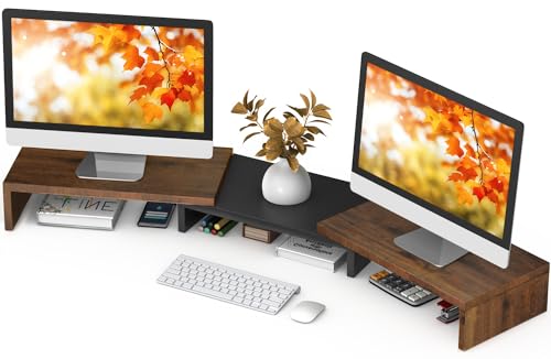 TAVR Dual Monitor Stand Riser, Wooden Computer Monitor Stand for 2 Monitors | Extra Long Multifunctional Desktop Organizer Riser for TV, PC Monitor, Laptop, Printer, Max 43.3" Length, Rustic Brown - color: Rustic Brown
