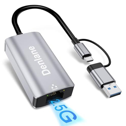 USB C to Ethernet Adapter 2.5Gbps, USB 3.0 to Ethernet Adapter 2-in-1, ethernet to USB-A & USBC Device (Thunderbolt 4/3), 2500/1000/100Mbps RJ45 Network for Laptop, MacBook/iPad/XPS/Windows - size: 2500 Mbps