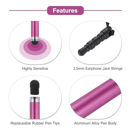 MECCANIXITY 5pcs Metallic Stylus Pen Retractable Aluminum Alloy Mini Capacitive Pens for Universal All Touch Screen Devices, Rose Red - color: Rose Red