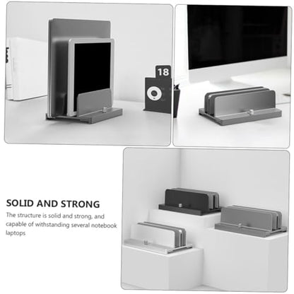 Aluminum Alloy Vertical Laptop Stand Adjustable Dual-Slot Desk Organizer for Notebooks and Tablets Space-Saving Gray Holder for Home and Office
