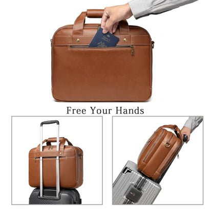Bosidu Leather Briefcases for Men 15.6 Inch Laptop Messenger Bag with Triple Compartments Water-Resistant Computer Shoulder Bag for Business, Travel, Work, Office, Coffee - color: Coffee