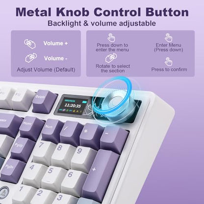 AJAZZ AK980 Mechanical Keyboard, Creamy & Thocky with Smart Display & Knob, 98% Wireless Tri-Mode BT/2.4G/USB-C, Hot Swappable, RGB Light for Win & Mac (Purple, Murad Switch) - color: Purple