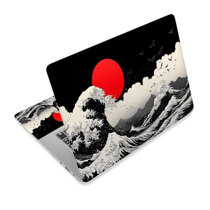 Universal Laptop Skin Sticker Decal,15.6 Inch Laptop Vinyl Cover for 13" 14" 15.6" Laptop,Scratch-Resistant Waterproof Protector Wrap,Reusable with Wrist Pads,Red Sun Great Wave - color: Red Sun Great Wave